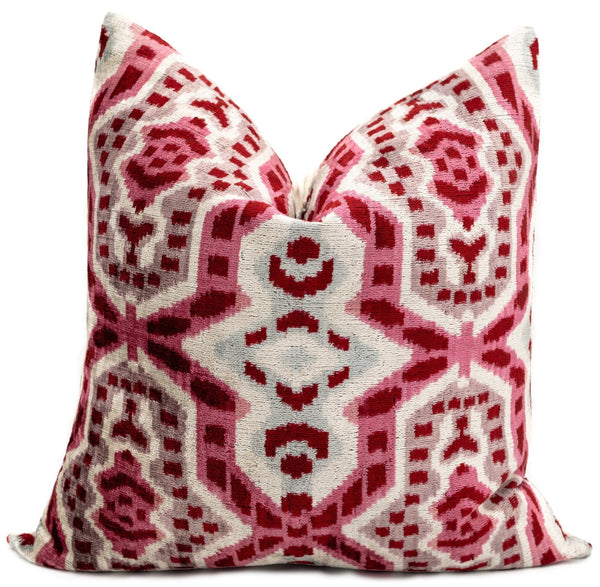 Canvello Handmade Velvet Throw Pillow with Red and Pink Ikat Design - High-Quality 20x20 Inch Decorative Accent with Premium Down Feather-0