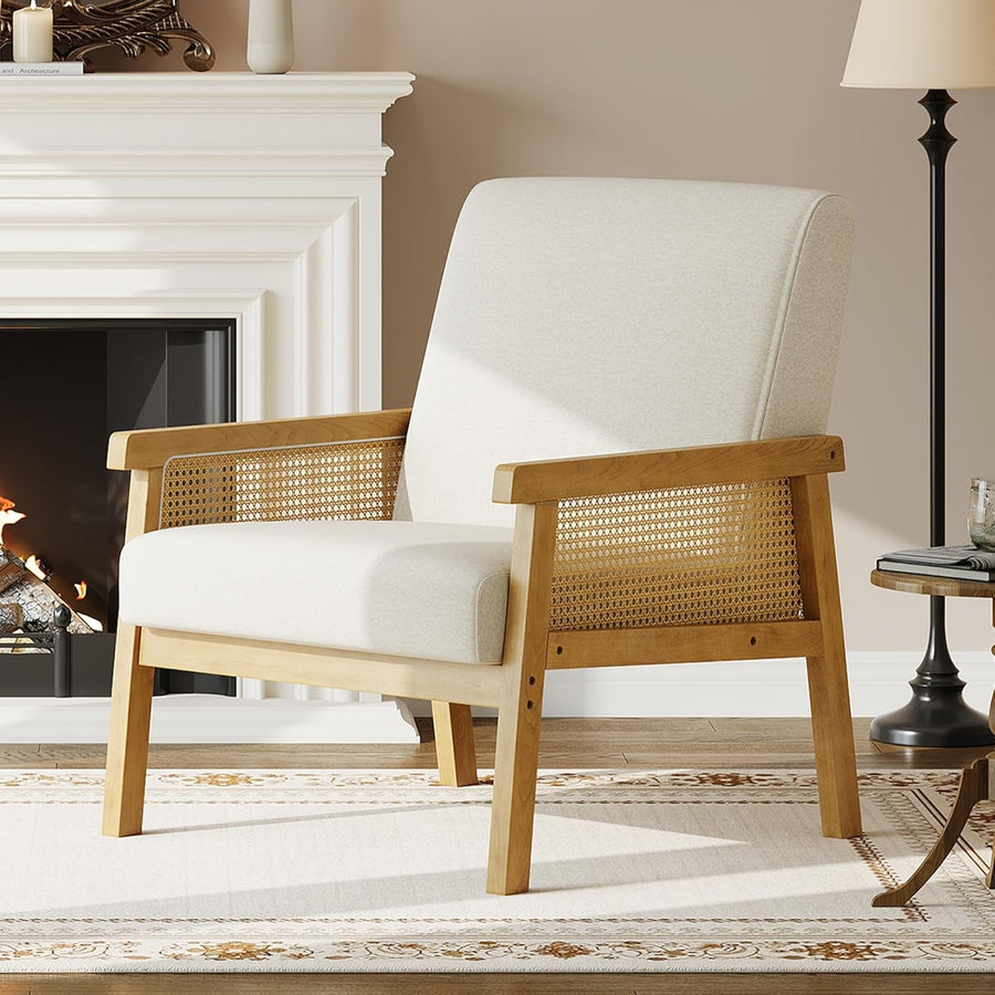 Beige Rattan Accent Chair With Upholstered Backrest-0