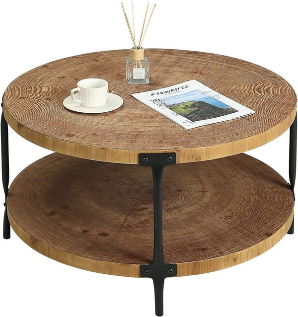 Round Boho Solid Hardwood Coffee Table 29 Inch Natural-0